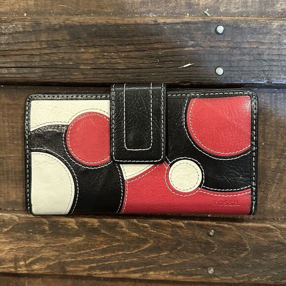 Vintage Fossil Wallet Genuine Leather red black white Patchwork Circles - Picture 1 of 7